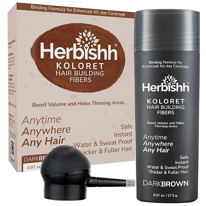 Herbishh Koloret Hair Building Fibers – Dark Brown Root Touch up Powder for Men & Women, Instant Bald Spot Cover-Up & Scalp Concealer – Sweat-Proof & Water-Resistant Fibers for Thinning Hair, 27.5g