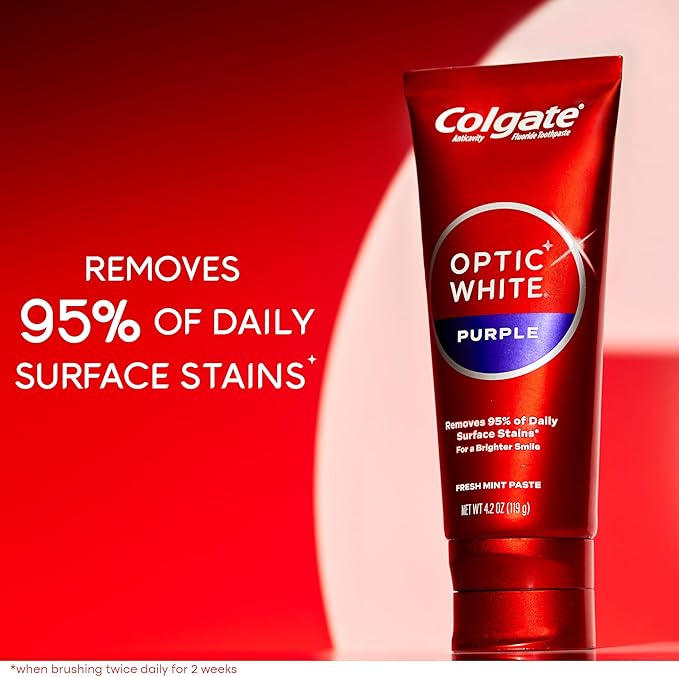 Colgate Optic White Purple Toothpaste for Teeth Whitening, Teeth Whitening Toothpaste with Fluoride, Helps Remove Surface Stains, Enamel-Safe for Daily Use, Mint, 3 Pack, 4.2 oz