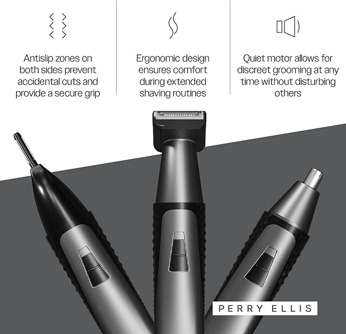 Perry Ellis 3-in-1 Ear, Nose, and Facial Hair Trimmer, Cordless Trimmer with 3 Detachable Heads, Hair Shaver with Antislip Design, Rechargeable with Charging Cable