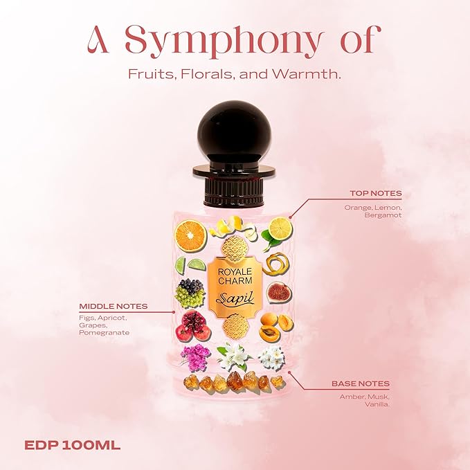 Sapil Royale Charm Eau de Parfum – Long Lasting Unisex Fruity Perfume | Citrus, Fig & Vanilla Notes | Fresh Sweet Elegant Fragrance | 3.4 oz / 100ml