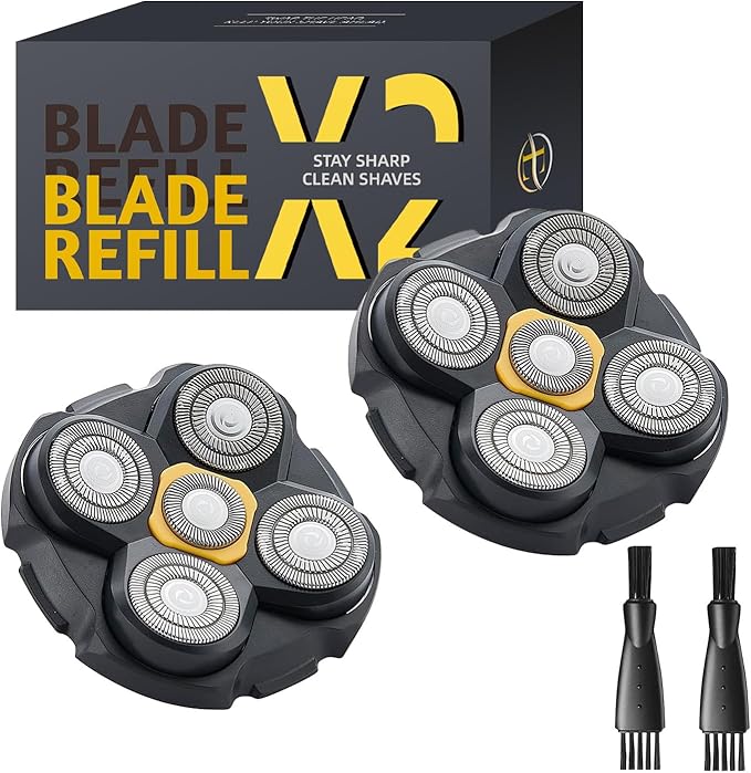 Replacement Heads Compatible with Microtouch Titanium Head Shaver - 5D Stainless Steel Blades for Wet Dry Bald Shaving, Waterproof, Includes 2 Cleaning Brushes (2 Pack)