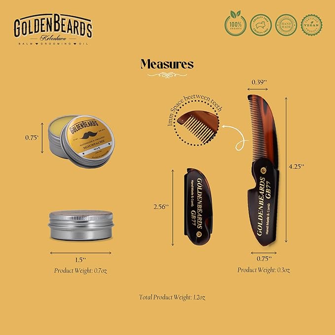 Golden Beards Mustache Wax with GB-77 Folding Comb – Organic & Natural Styling Wax for Men – Strong Hold, Vegan, Cruelty-Free Grooming Kit