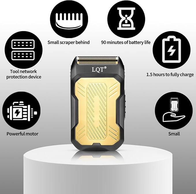 LQTⓇ Mini Foil Shaver, Portable Cordless Electric Shaver for Men, Equipped with a Set of Replacement Heads, USB-C Charging Cable, and Cleaning Brush, Suitable for Travel and Home use (Black)