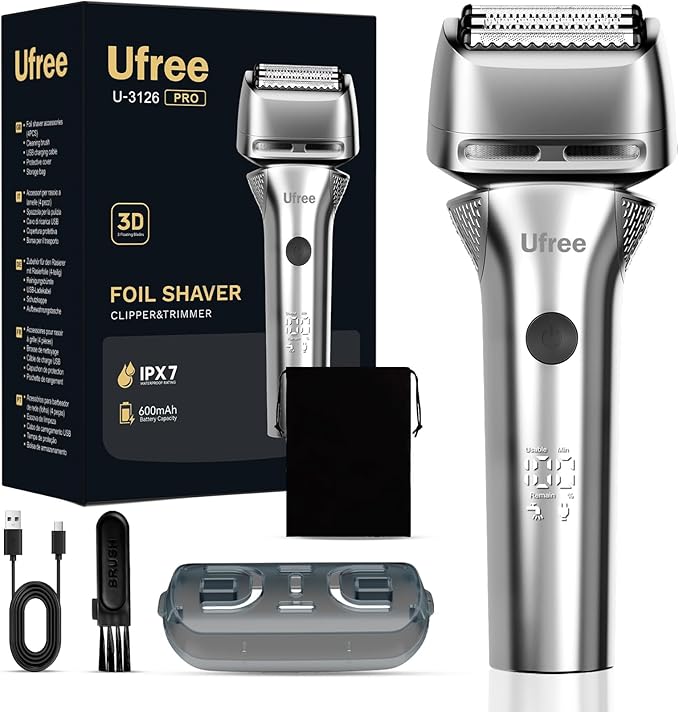 Ufree Foil Shaver with Pop-Up Trimmer, 8,500 RPM Electric Razor for Men, Wet & Dry Electric Shaver with 2 Speed Modes, LED Display, Rechargeable Cordless, IPX7 Waterproof, Silver