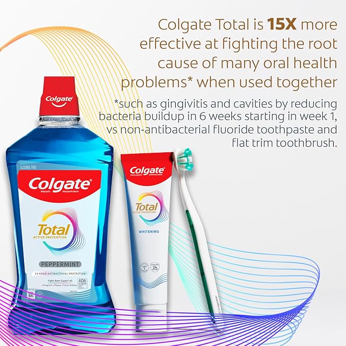 Colgate Total Pro-Shield Alcohol Free Mouthwash, Antibacterial Formula, Peppermint - 500 mL, 16.9 fluid ounce (6 Pack)