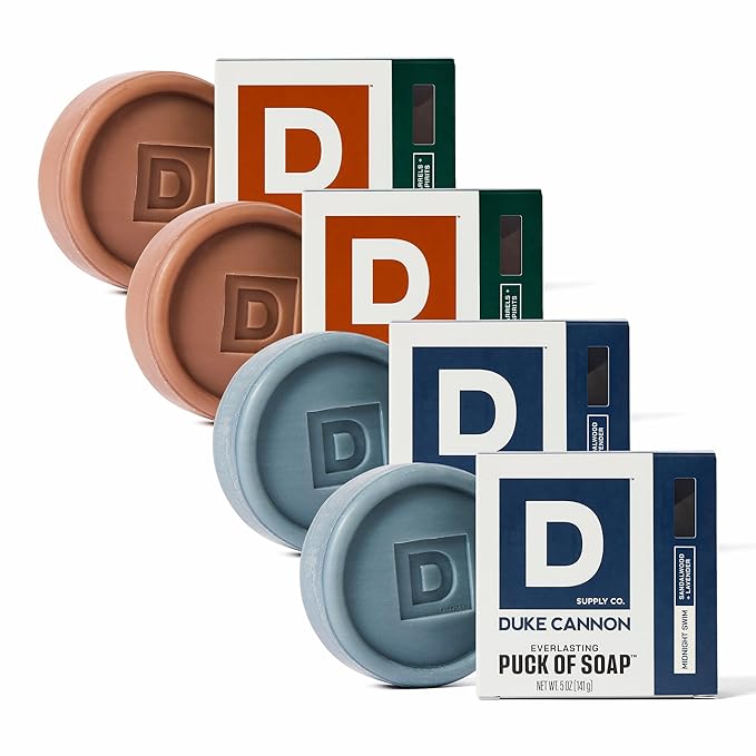 Duke Cannon Everlasting Puck Soap – Bourbon & Midnight Swim 2-Pack Set, Rounded Men’s Bar Soap for All Skin Types, 5 oz (4 Pack)