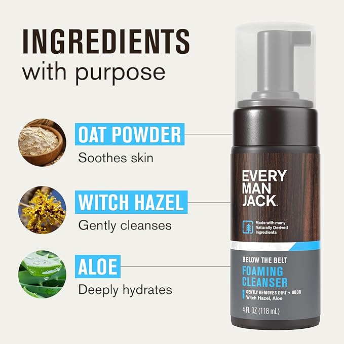 Every Man Jack Mens Foaming Groin Wash - Gentle Cleanser for Below The Belt - Made w/ Naturally Derived Ingredients like Witch Hazel & Aloe Vera - 4 Fl Oz (1 Pack)