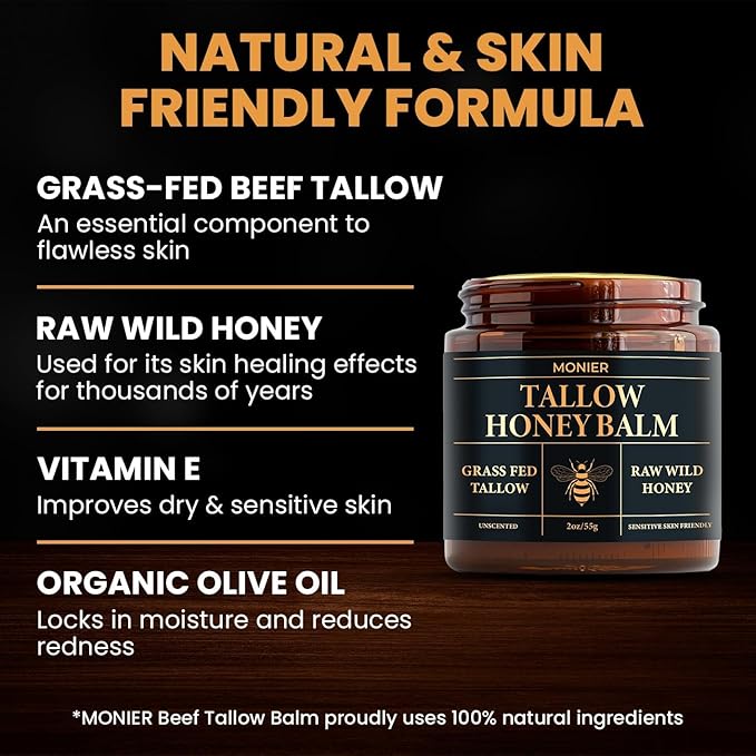 MONIER Tallow and Honey Balm for Face, Beef Tallow for Skin, Moisturizer with 100% Organic Grass-Fed Beef Tallow & Raw Wild Honey - Natural Formula for Dry & Sensitive Skin (Unscented)
