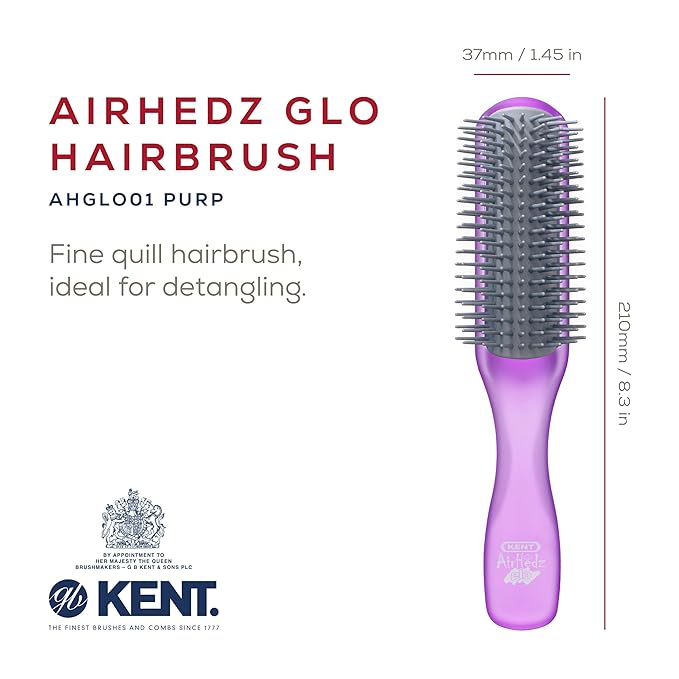 Kent AHGLO01 Airhedz Glo Purple Half Round Narrow Detangling Hair Brush - 9 Row Ionic Anti Static Non Scratch Long Nylon Bristle Great for Detangling and Smoothing Medium to Long Length Hair