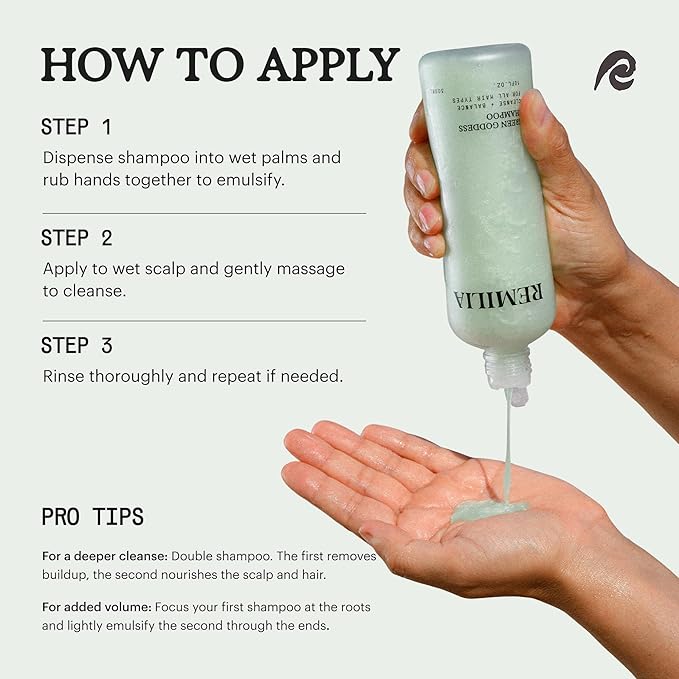 Remilia Green Goddess Shampoo with Rosemary Oil, Panthenol B5, Green Tea & Botanical Extracts - Vegan Cleansing Daily Hair Care Formula for Men & Women - 300 ml - 10 fl oz