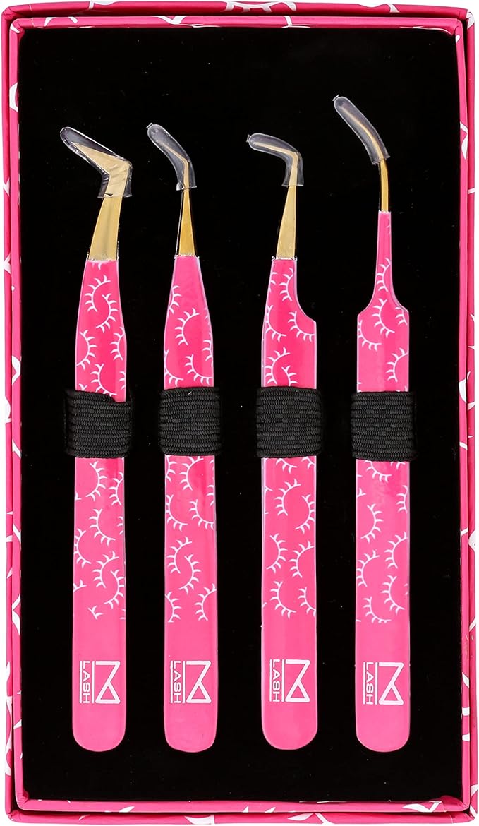 M LASH Tweezers for Eyelash Extensions (Set of 4) - Professional Lash Extension Tweezers - Fiber Tip, Japanese Steel, Diamond Grip Eyelash Extension Tweezer set (PW)