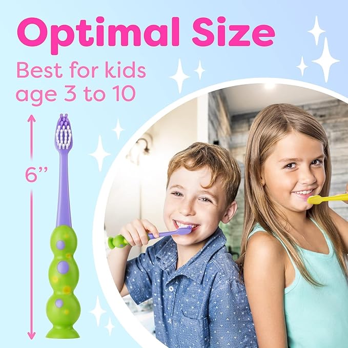 Trueocity Kids Toothbrush 8 Pack - Soft Contoured Bristles - Child Sized Brush Heads (3-10 Year Old) - Suction Cup for Fun & Easy Storage - Girl & Boy Set (8-Pack, Multi-Color)