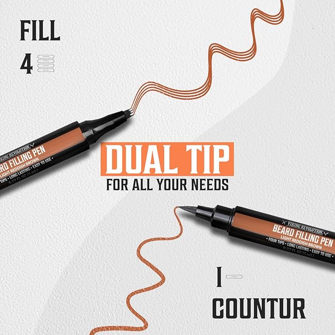Viking Revolution Beard Pen (2 Pack) - Light Reddish Brown Beard Pencil Filler for Men - Beard Filler for Men Waterproof Beard Filling Pen Kit - Long Lasting Beard Filler Pen with Brush