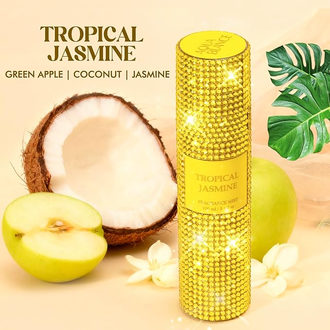 Body Spray for Women, Tropical Jasmine, Diamond embellished Fragrance Mist, 3.4 fl oz, Notes of Coconut, Green Apple, Jasmine