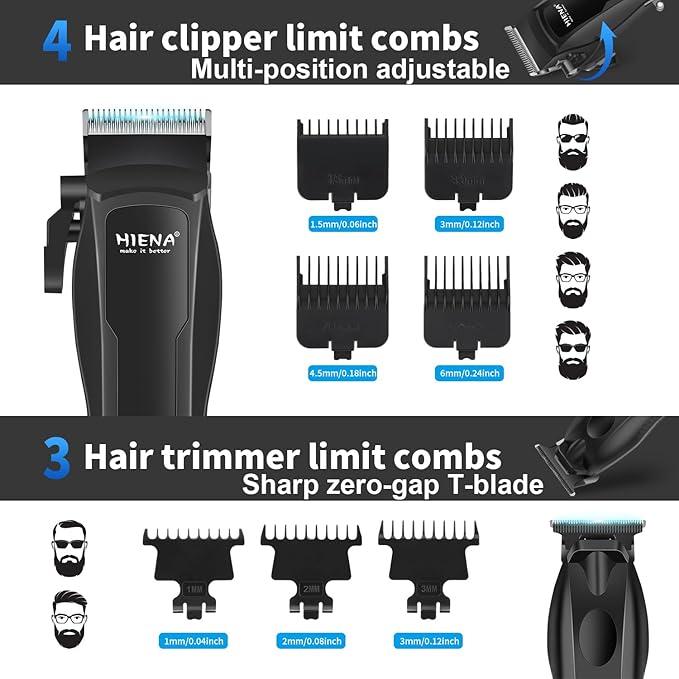 HIENA PRO Hair Clippers for Men Professional, Cordless Barber Clipper T-Blade Beard/Hair Trimmer Electric Razor Foil Shaver Set, Men's Hair Cutting Kit with LED Display, Barber or Home Use