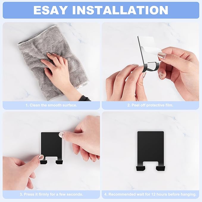 VIS'V Adhesive Razor Holder, Wall Mount Shower Razor Hooks for His and Hers, Metal, Waterproof, Black, 2 Pcs