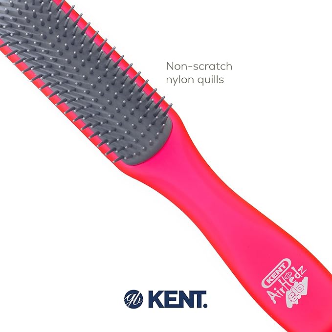 Kent AHGLO02 Airhedz Glo Red Half Round Narrow Detangling Hair Brush - 9 Row Ionic Anti Static Non Scratch Long Nylon Bristle Great for Detangling and Smoothing Medium to Long Length Hair