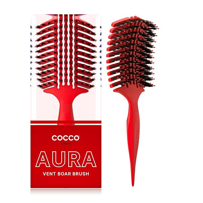 COCCO Aura Vent Boar Brush | Vented Dual-Curved Design for Faster Drying, Effortless Detangling & Shine, Boar + Nylon Bristles, Ergonomic Comfort Handle for Wet & Dry Hair Styling - Red