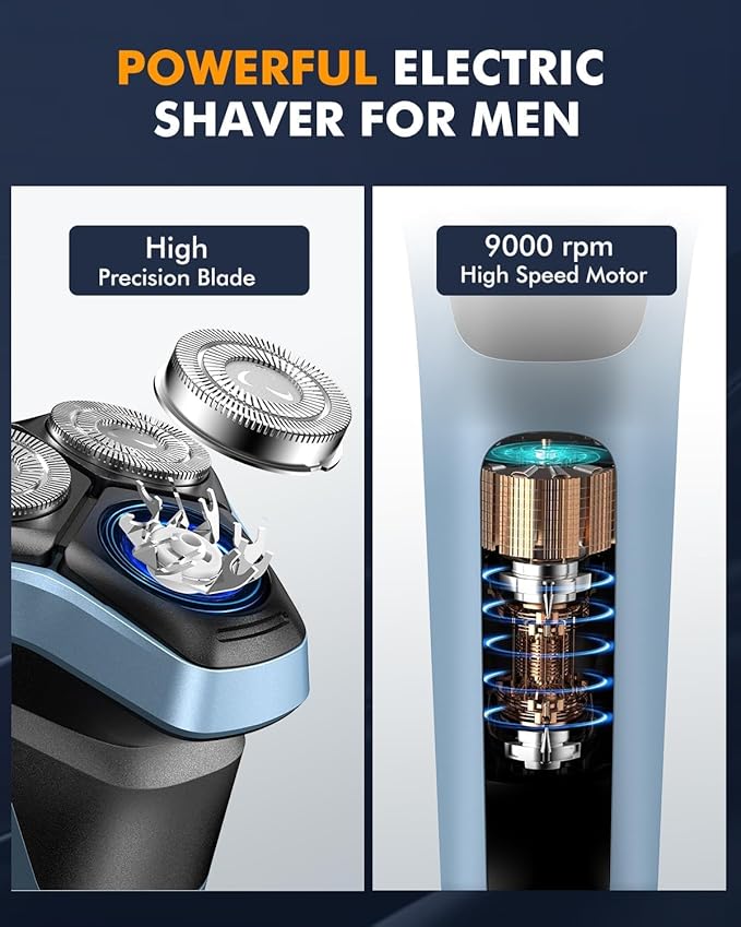 Electric Razors for Men Waterproof Cordless Razor Wet 3D Floating Head Precision Blades Electric Shavers for Men Face Sensitive Skin Care,USB Fast Charging,Type-C,Pop-Up Trimmer, 3 Replacement Blades