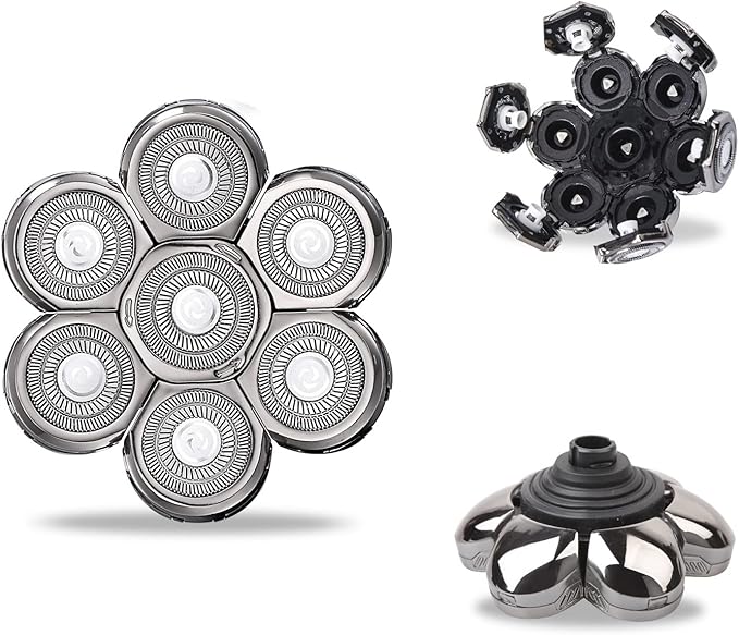Head Shaver Replacement Heads, 7D Rotary Blades, Silver, Men's Electric Shaver Replacement Heads, 7 Pieces