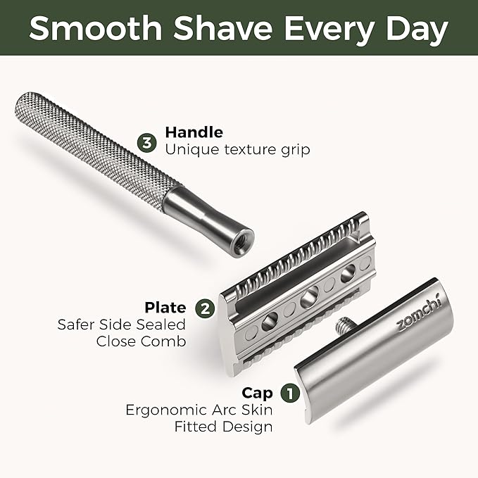 ZOMCHI Double Edge Safety Razor Kit for Men & Women, Reusable Metal Razor with Stand and 10 Blades, Eco-Friendly Plastic-Free Shaving - Matte Silver
