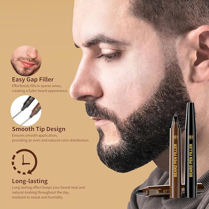 Sevich Beard Pencil Filler for Men Black, Instant Beard Dye for Men,48h Waterproof & Sweatproof, 4-Prong Tip for Seamless Application, Enhances All Beard Types with Fuller