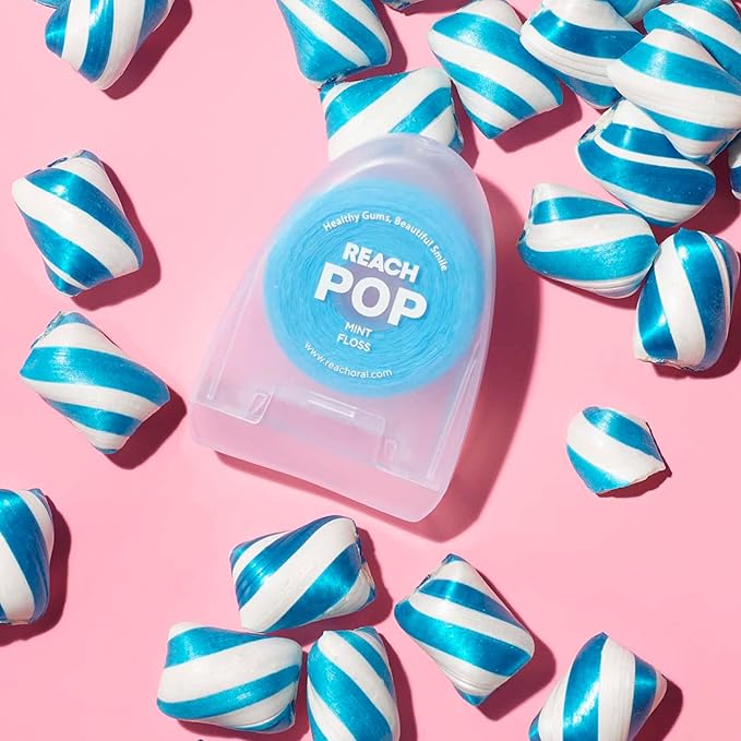 REACH POP Dental Floss, Mint, Plaque Remover for Teeth, Shred Resistant, Vegan Wax, Cruelty Free, Eco Friendly Packaging, Oral Care, PFAS Free, for Adults & Kids, 2 Pack, 54.6 yd