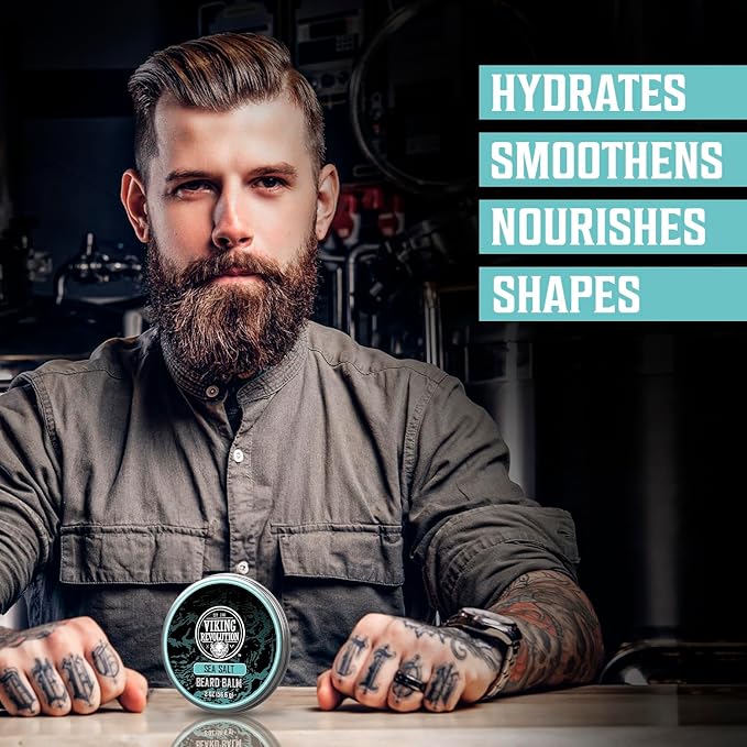 Viking Revolution Sea Salt Beard Balm for Men - Beard Butter for Men with Argan Oil and Jojoba Oil Softener and Moisturizer Styling Balm (1 Pack, 2oz)