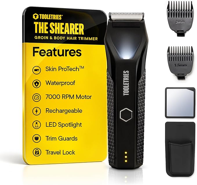 TOOLETRIES The Shearer - Groin & Body Hair Trimmer for Men, Electric Shaver for Pubic Hair, Balls, Groin, Chest, Legs, Waterproof Wet/Dry Clippers, Rechargeable, Bonus Shower Kit - Black