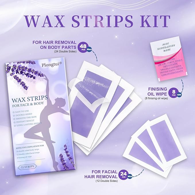 72PCS At Home Wax Strips for Hair Removal, 48 Body + 24 Face Wax Strips with 8 Calming Oil Wipes, Hypoallergenic for All Skin Types, Waxing Kit for Women & Men - Legs, Arms, Bikini, Brazilian, Back