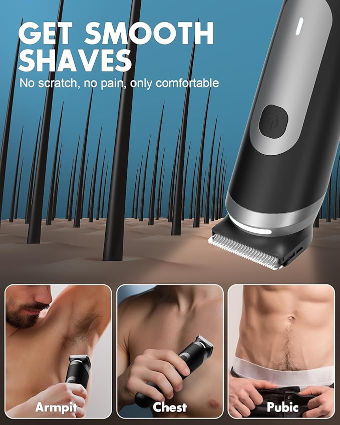 Electric Body Hair Trimmer for Men - Pubic Shaver with Ceramic Blades (No Nicks) - Mens Wireless Ball Shaver, Waterproof Wet/Dry Electric Razor, USB Recharge Dock