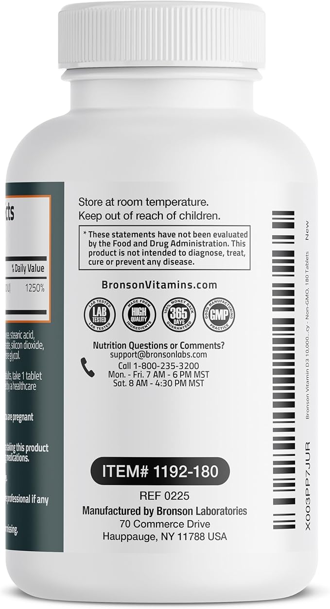 Bronson Vitamin D3 10,000 IU (250 MCG) for Healthy Muscle Function and Immune Support, Non-GMO, 180 Tablets