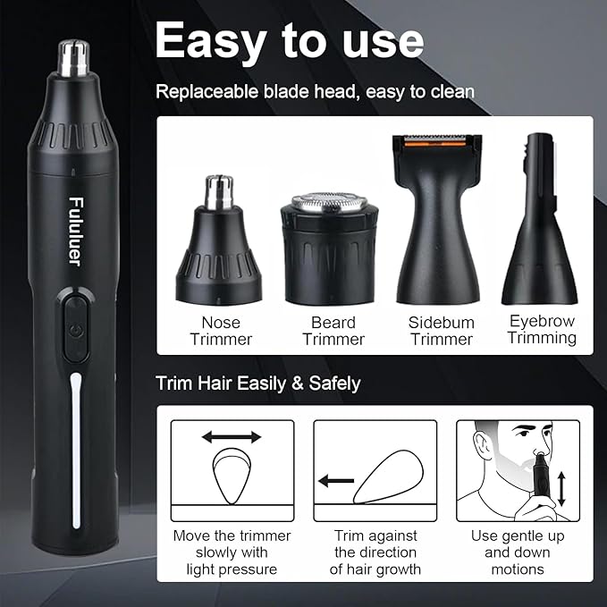 Fululuer Nose Hair Trimmer for Mens and Women | Rechargeable 4-in-1 Ear, Nose, Eyebrow & Beard Trimmers | 8500 RPM | USB Charging | Washable, LED Indicator (Jet Black)