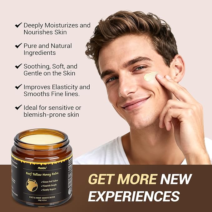 Tallow and Honey Balm, Beef Tallow for Skin, Tallow Face Moisturizer with 100% Organic Grass-Fed Beef Tallow & Raw Wild Honey, Natural Formula for Face & Body for Men Women, 4.2 Fl Oz (Pack of 1)-120g