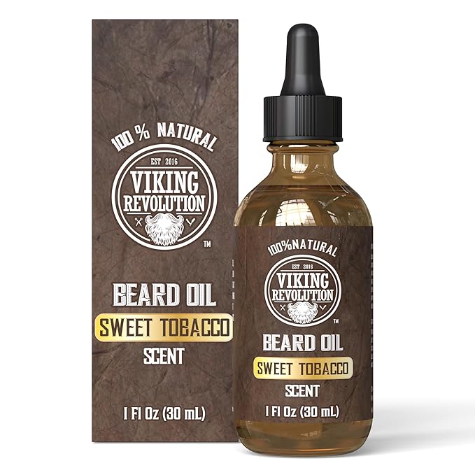 Viking Revolution Sweet Tobacco Beard Oil for Men - Natural Mens Beard Oil with Argan Oil and Jojoba Oil - Beard Softener, Strengthens and Moisturizes - Beard Conditioner for Men (Sweet Tobacco,1Pack)