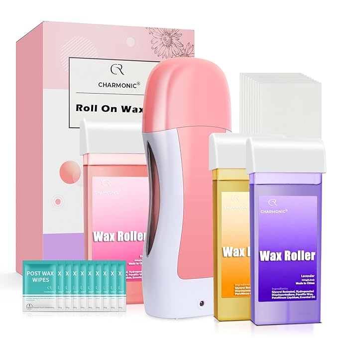 Roll On Wax Kit, Portable Wax Roller Kit for Coarse/Fine Hair Removal, Beginners Waxing Roller for All Skin Types with 3 Pcs 100g Roll Cartridge, 100 Non-Woven Strips & 10 After Oil Wipes (F3_Pink)