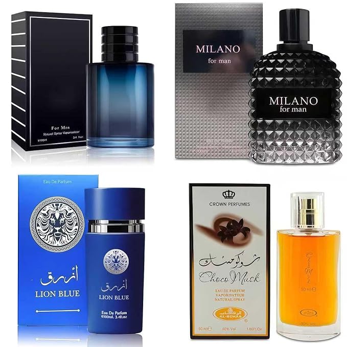 4-Piece Cologne for Men Includes Choco Musk/SE/Lion Blue/Milano Scent of Woody, Spicy, Citrus & Aromatic eau de parfum Men Gift Set Each 100Ml for Daily Use