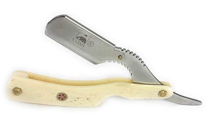 GBS Classic Straight Edge Razor Barber Shavette + Brush and Razor Stand - Ivory Horn Handle - Gold Accents + 10 Blades Men's Manual Shaver Excellent Locking Safety Mechanism