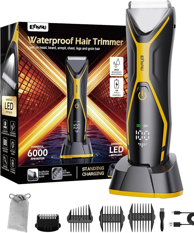 Electric Body Hair Trimmer for Men Type-C Rechargeable, Ball Pubic Trimmer Shaver Men with LED Light, Groin Body Groomer for Man, USB Recharge Dock& 1H Fast Charge, LED Display, Black+Yellow