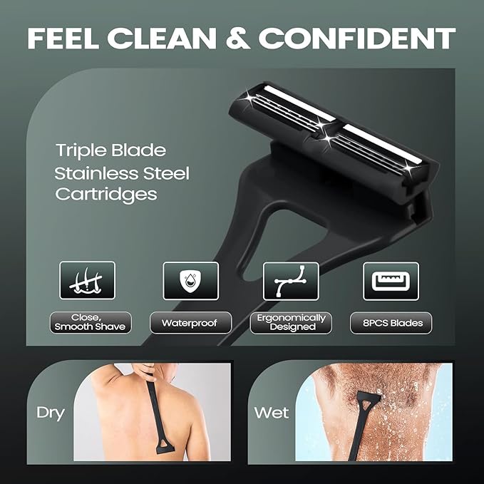 Back Shavers for Men with Foldable Long Ergonomic Handle: DIY Hair Shaver, Replaceable Safety Blade & Portable Razor Groomer for Men, Wet & Dry Shaving,Black (8PCS Blades Included)
