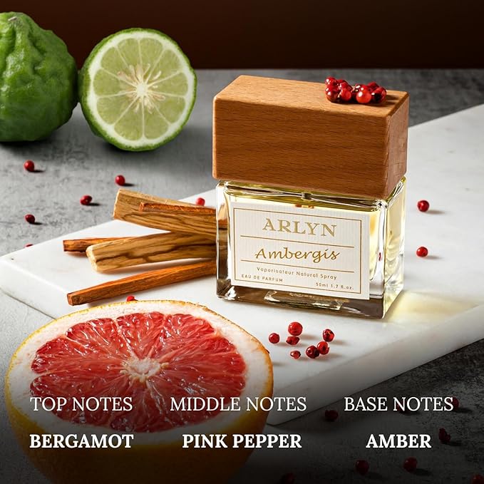ARLYN Ambergis Unisex EDP Perfume - 1.7oz, Top notes: Bergamot, Grapefruit, Middle notes: Damask Rose, Pink Pepper, Base notes: Cedar, Guaiac Wood, Patchouli, Made in USA