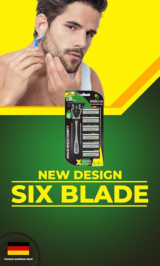XMicro® Razors for Men, 1 Razor, 7 Blade Refills with German Stainless Steel, Lubricated with Vitamin E, Aloe for Smooth Shave, Shields Against Irritation, Light Weight Version X Men