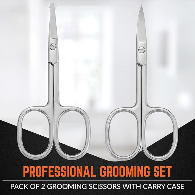 Stainless Steel Grooming Scissors - Eyebrow Scissor, Beard & Mustache Trimming Set, Small Curved & Rounded Tip Facial Hair Trimmer Kit for A Much Safer Ear, Nose Hair Clipper for Men & Travel Case