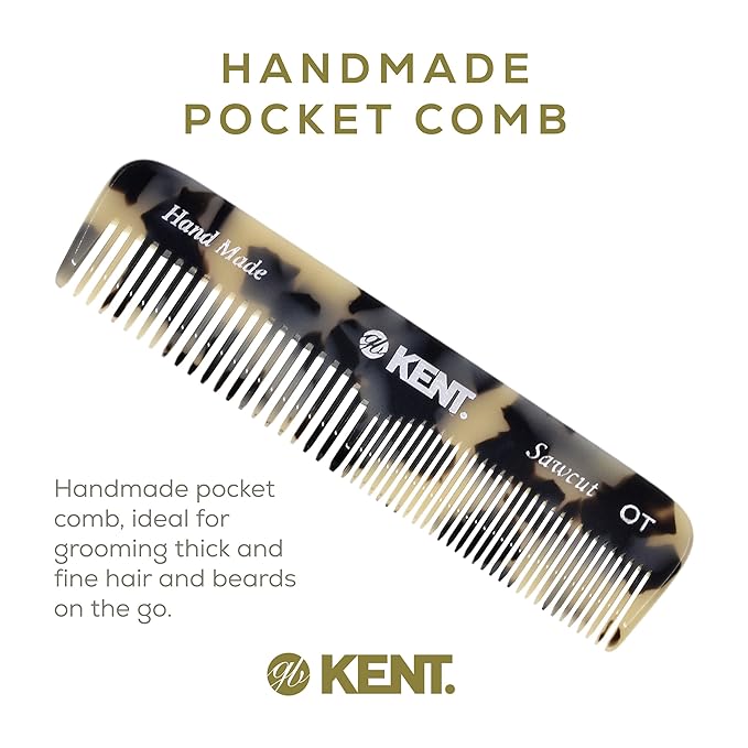 Kent OT TW Pocket Comb - Handmade Fine and Wide Tooth Hair Comb for Men, Women, and Kids - Travel, Beard, and Mustache Comb - Saw Cut and Hand Polished Made in England