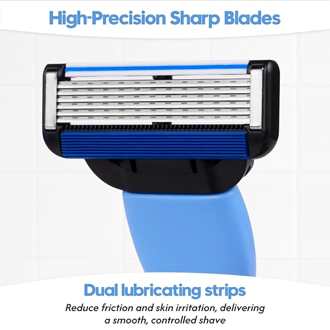 6-Blade Men's Razor with Dual Lubrication and Precision Trimmer, Shaving Kit for Men, 10 Piece Set, 1 Handle & 9 Refill Cartridges, Smooth Comfortable Shave (Blue)