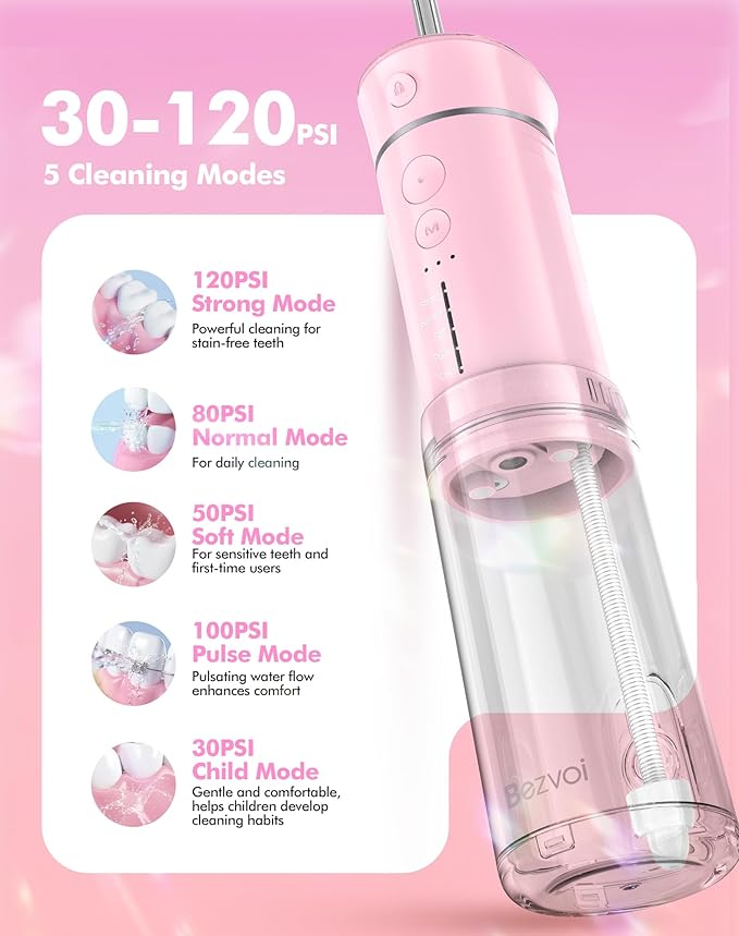 Bezvoi Portable Water Flosser for Travel, Mini Compact Cordless Oral Irrigator with Storage Bag, Removable Wide Tank & 5 Modes, IPX7 Waterproof Water Floss for Braces, Orthodontic, Sensitive Teeth