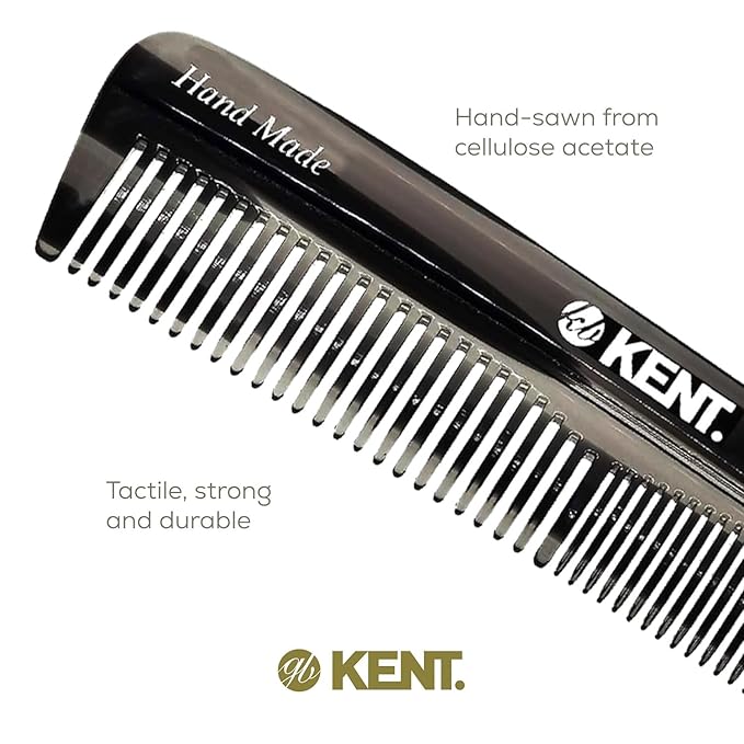 Kent R7T Black Graphite Fine and Wide Tooth Hair Comb, Handmade Pocket Comb for Men, Best Beard and Mustache Combs for Everyday Grooming and Styling, Sawcut Kent combs, Made in England