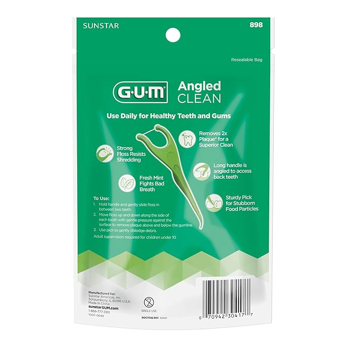 GUM Angled Floss Picks, Perfect for Tight Teeth, Extra Strong Shred-Resistant Dental Floss, Angled for Easy Reach, Dental Flossers for Adults, Fresh Mint Flavor, 75 Count