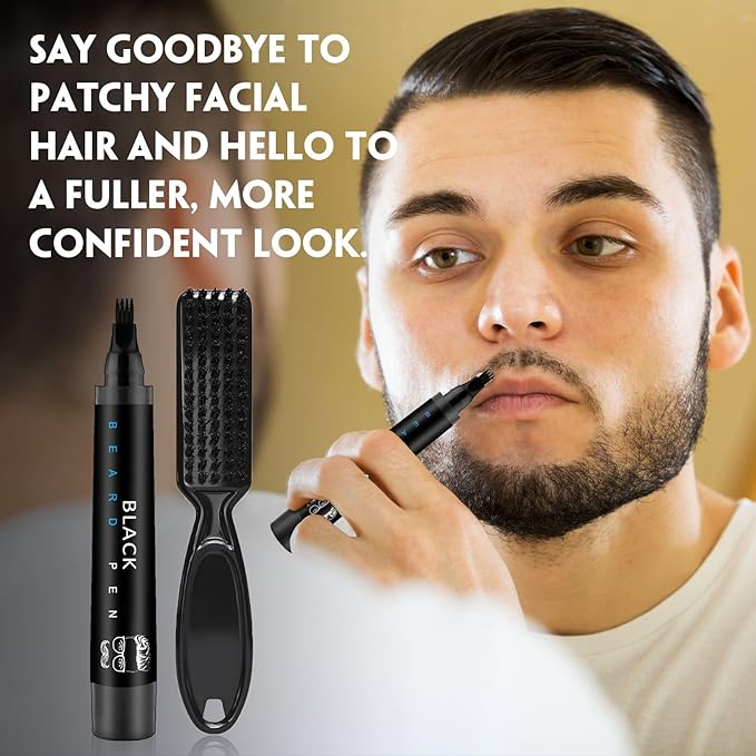 Beard Pencil Filler for Men Black - Beard Pen with Beard Brush, Barber Pencil Long-Lasting & Waterproof Mens Grooming Kits Create Natural Beard Color Gifts for Men, Mens Gifts Ideas (Dark Brown)