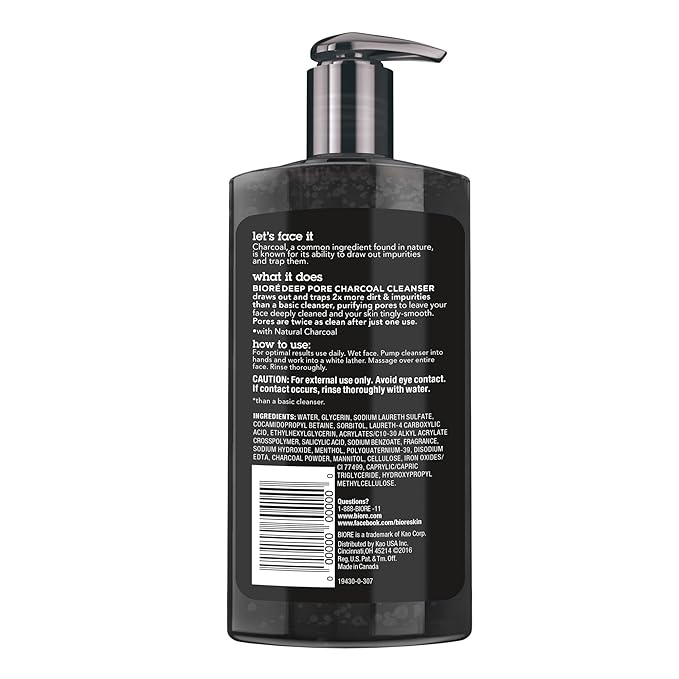 Bioré Men's Skincare Charcoal Face Wash, Deep Cleans Pores & Refreshes Skin, 6.77 Fl. Ounces